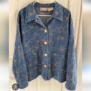 Vintage New Directions Large Blue Denim Jacket with Gold Floral Embroidery